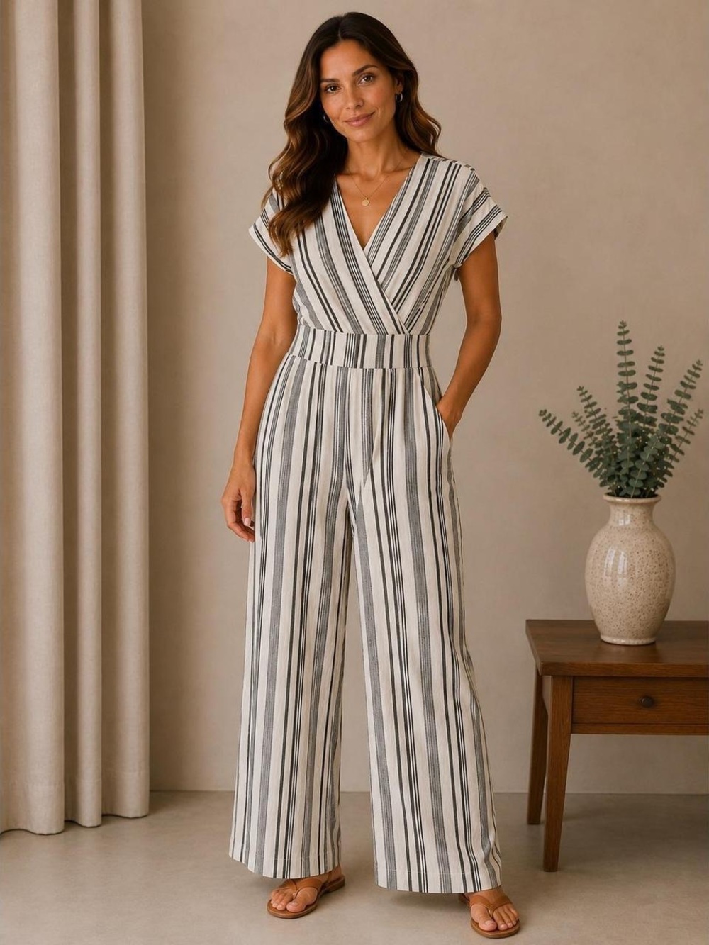 American Eagle Outfitters Striped V-Neck Wide-Leg Jumpsuit, black/white